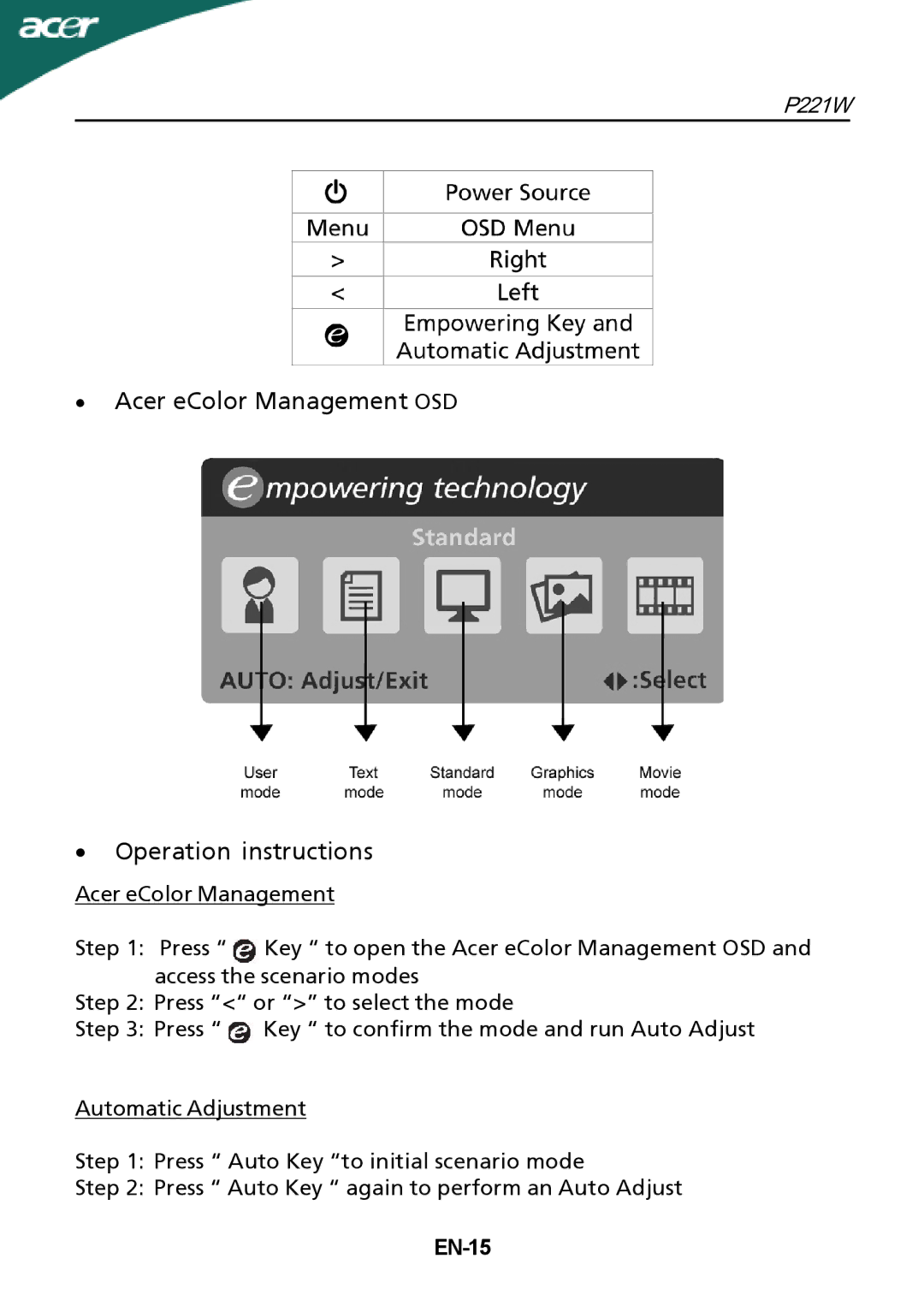 Acer P221W manual ∙ Acer eColor Management OSD ∙ Operation instructions, EN-15 