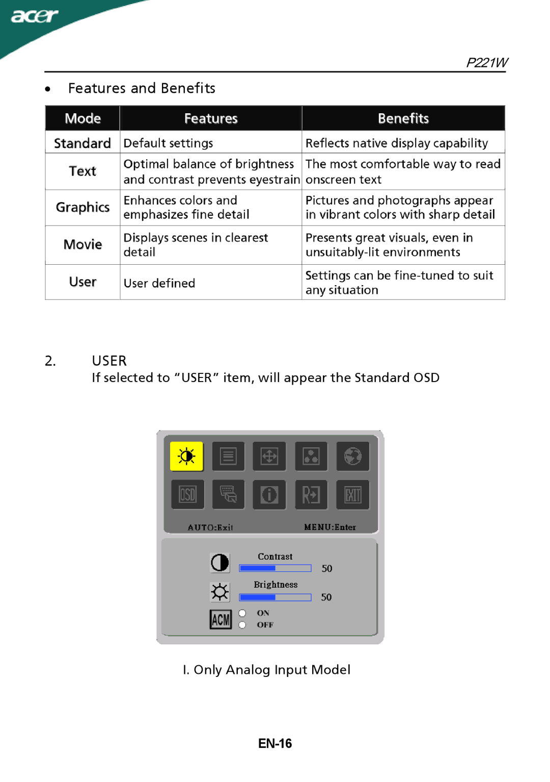 Acer P221W manual User, EN-16 