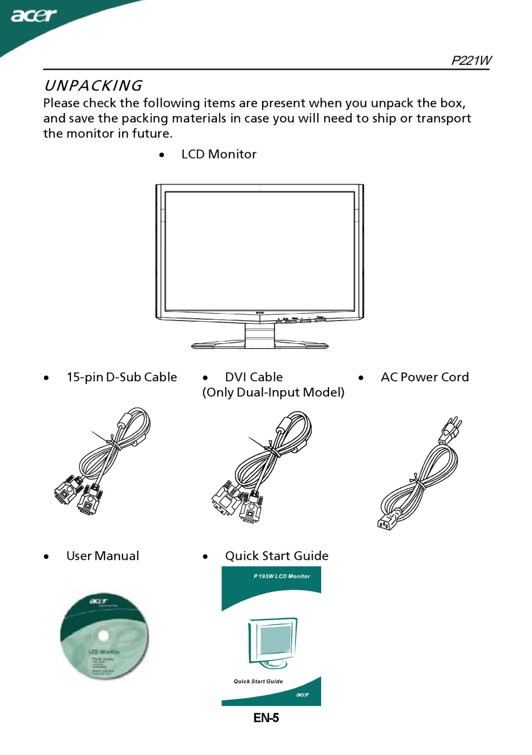 Acer P221W manual Unpacking, EN-5 