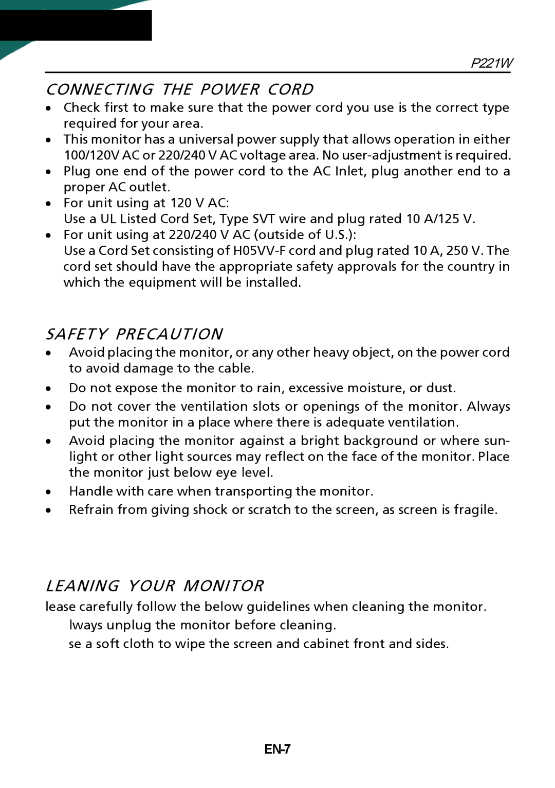 Acer P221W manual Connecting the Power Cord, Safety Precaution, Leaning Your Monitor, EN-7 