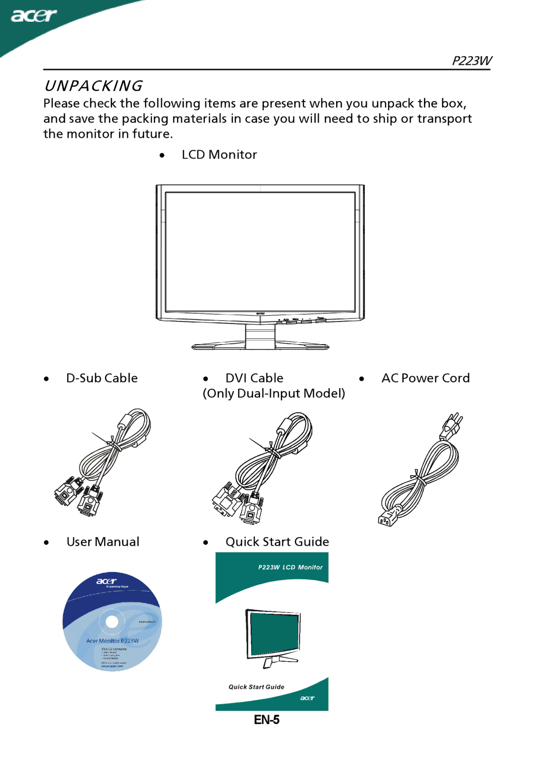 Acer P223W setup guide Unpacking, EN-5 