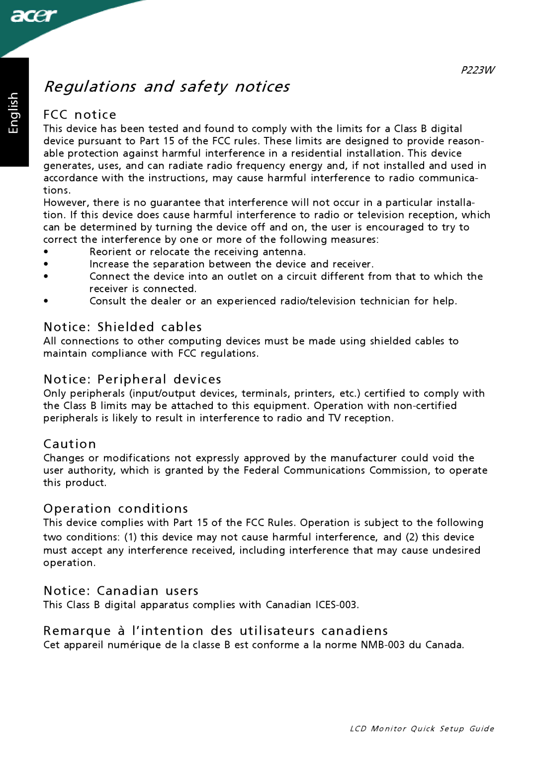 Acer P223W setup guide Regulations and safety notices, FCC notice 