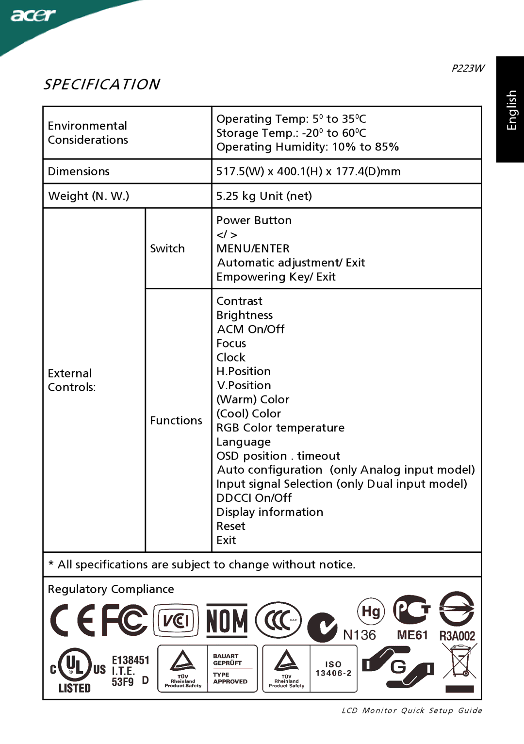 Acer P223W setup guide Menu/Enter 