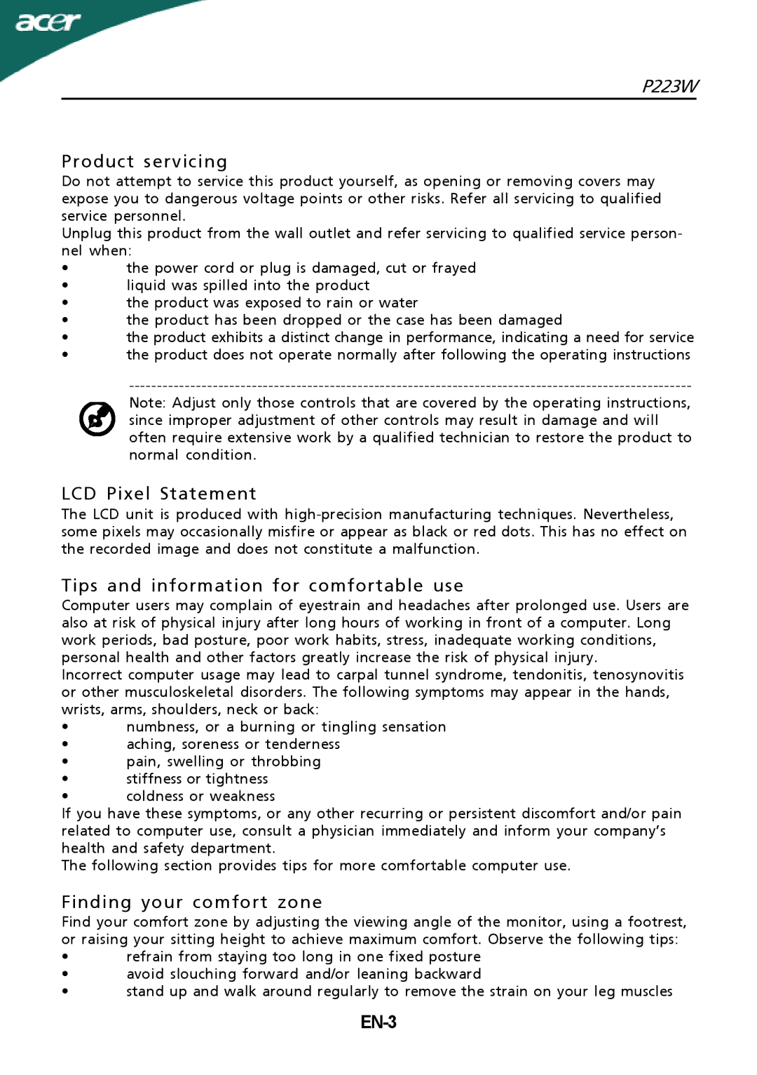 Acer P223W setup guide Product servicing, EN-3 