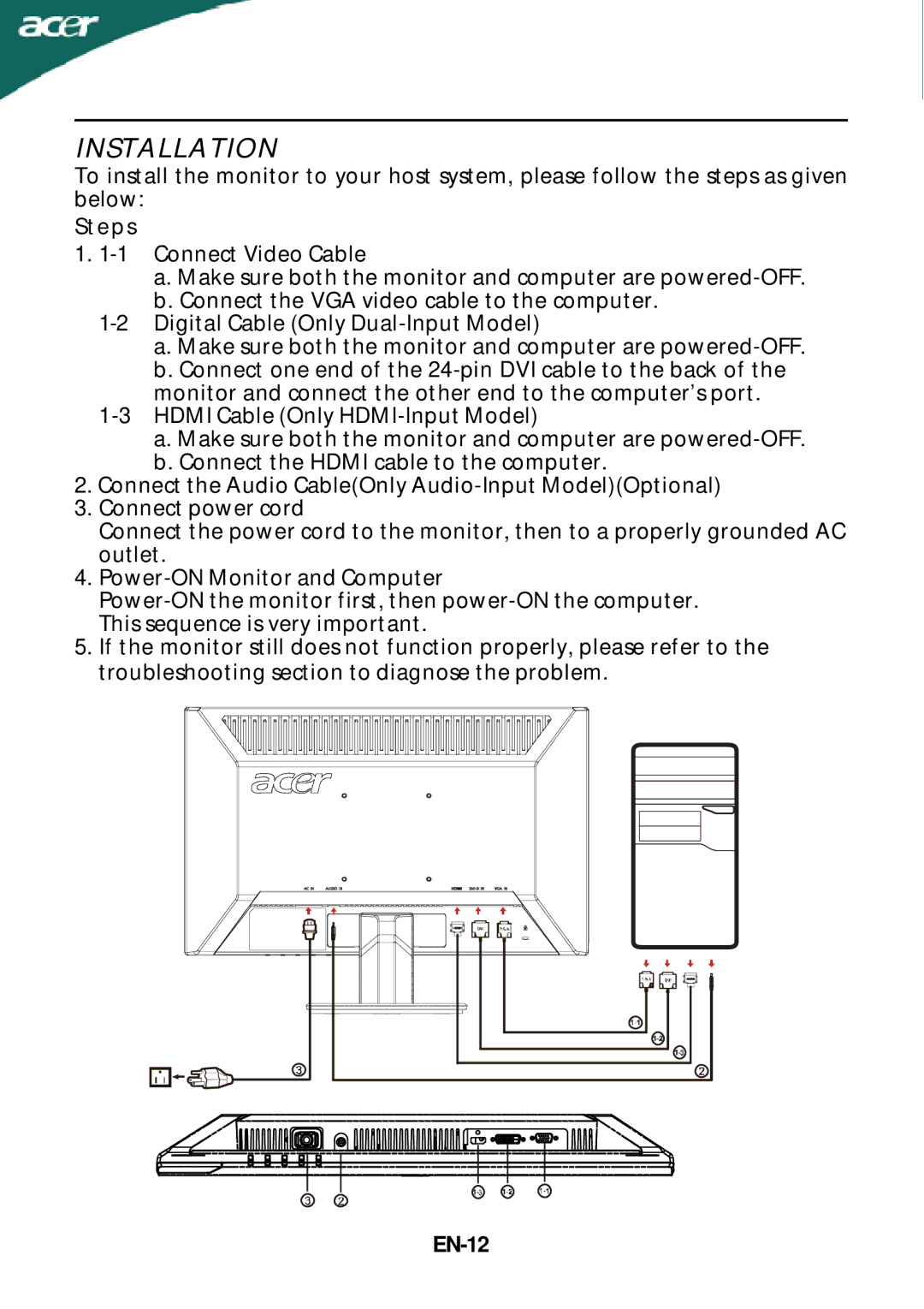 Acer P235H manual Installation, Steps, EN-12 