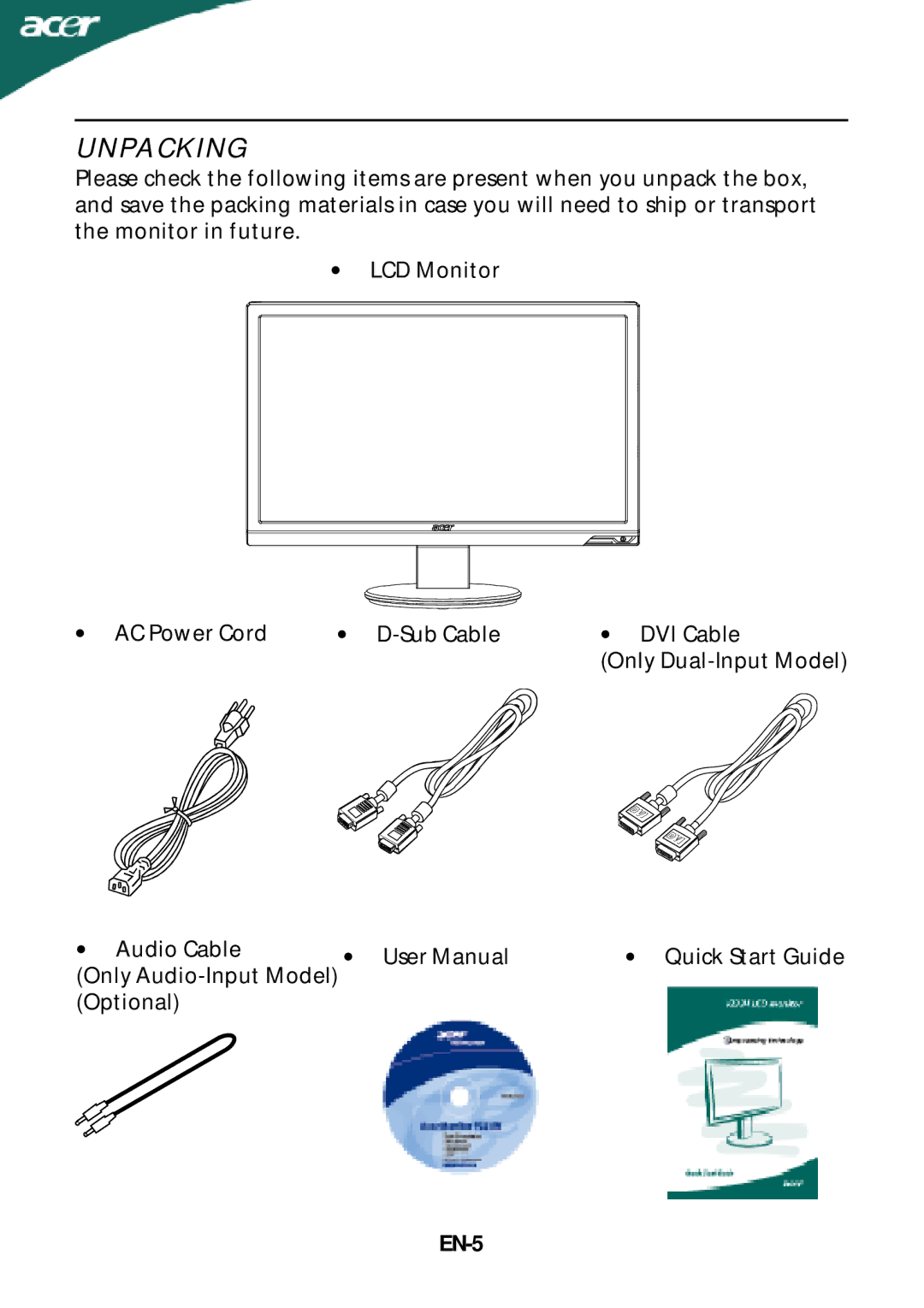 Acer P235H manual Unpacking, EN-5 