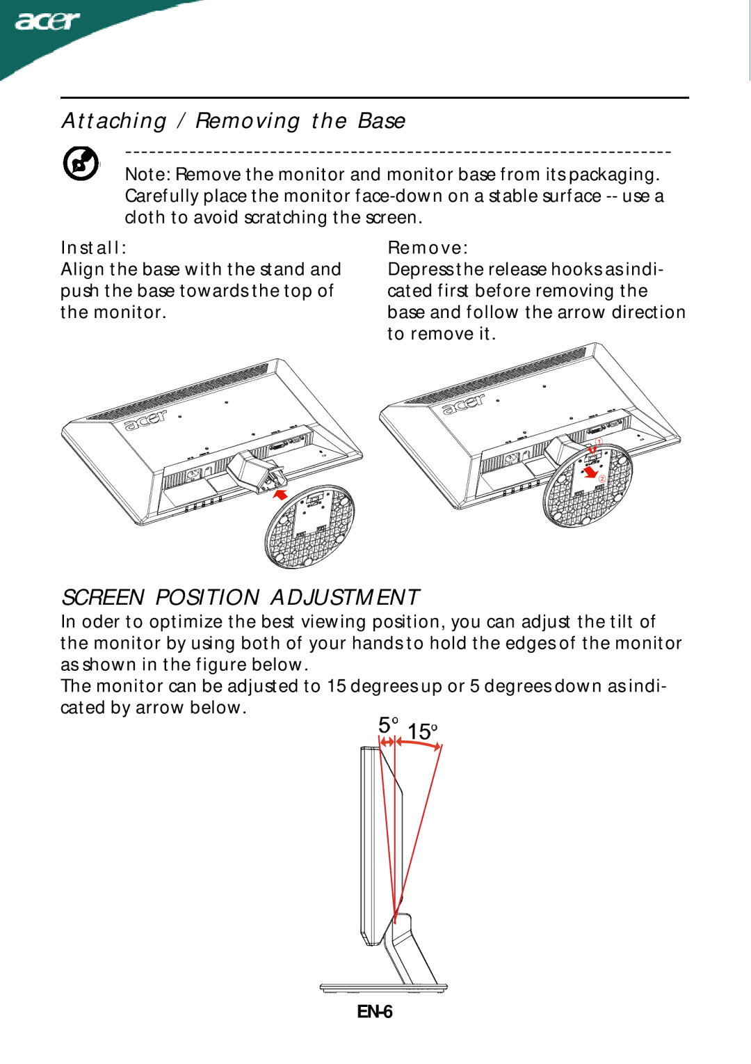 Acer P235H manual Attaching / Removing the Base, Screen Position Adjustment, Install, Remove, EN-6 