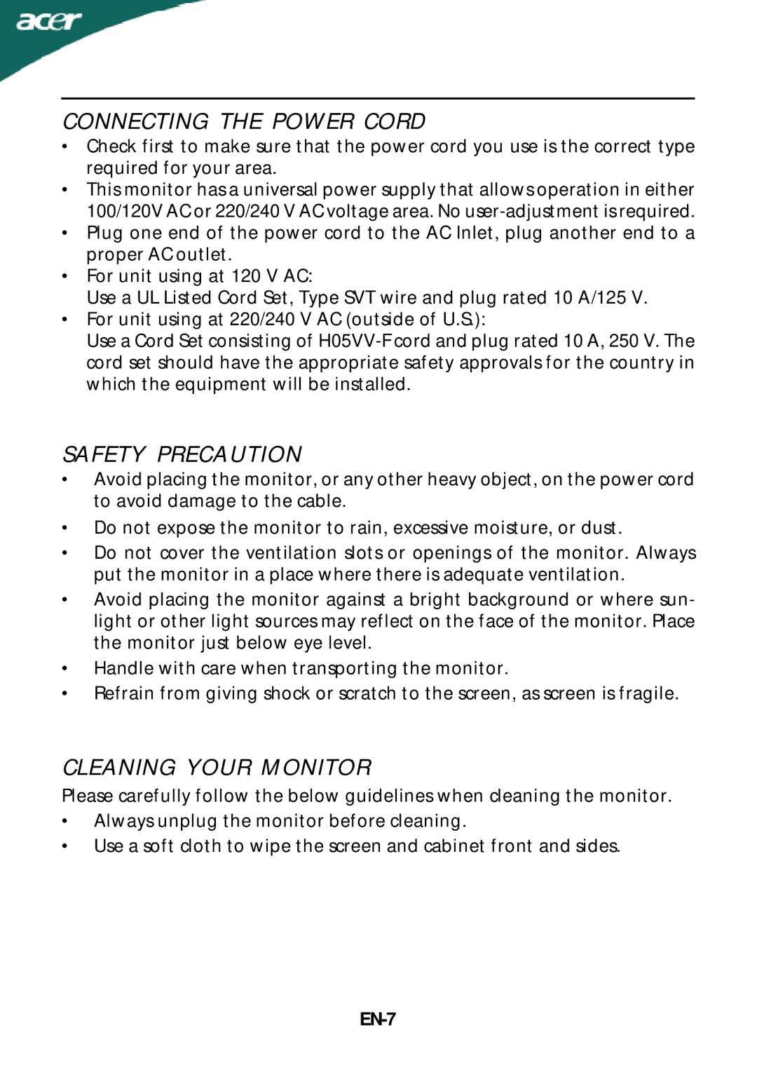 Acer P235H manual Connecting the Power Cord, Safety Precaution, Cleaning Your Monitor, EN-7 