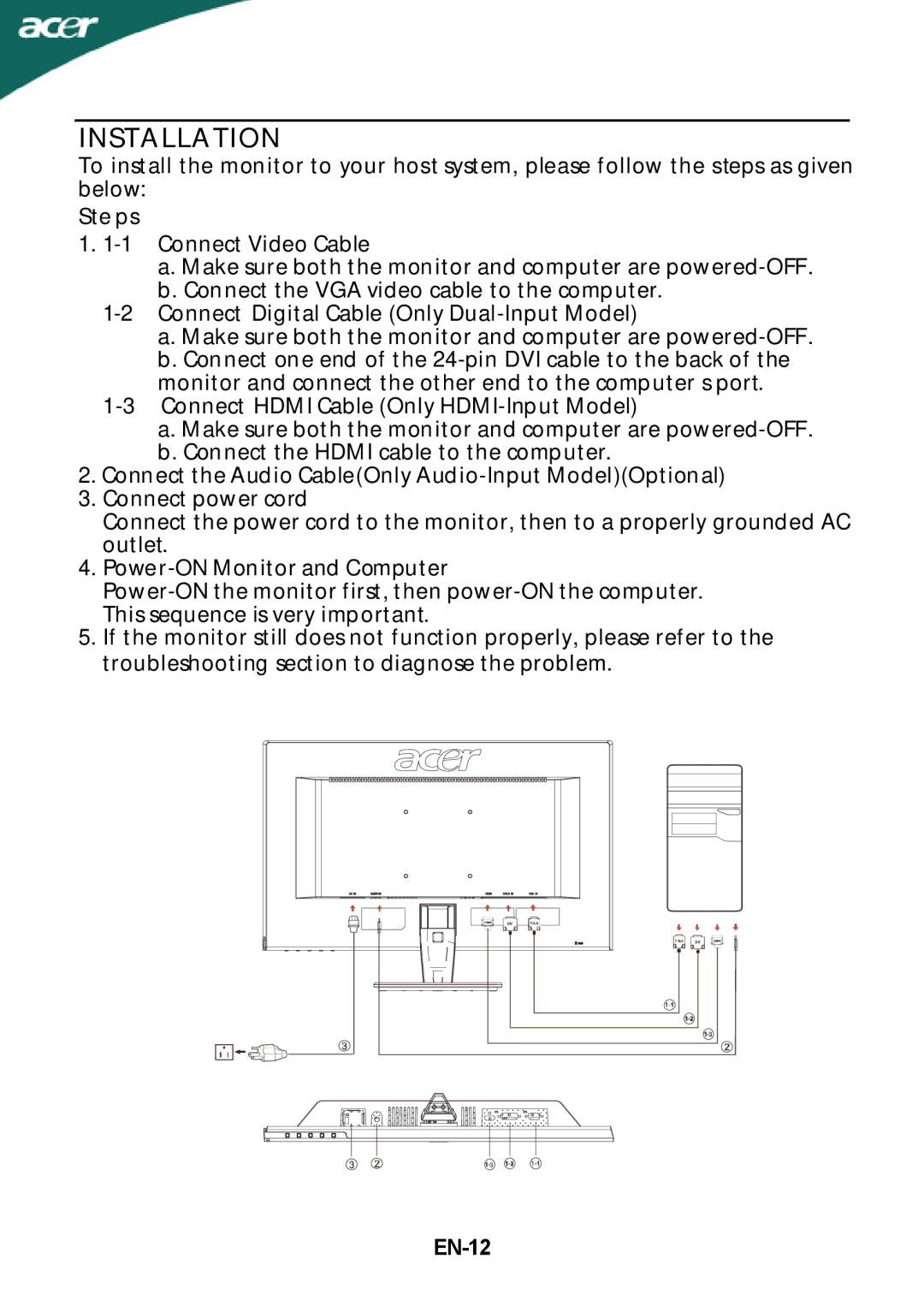 Acer P236H manual Steps, EN-12 