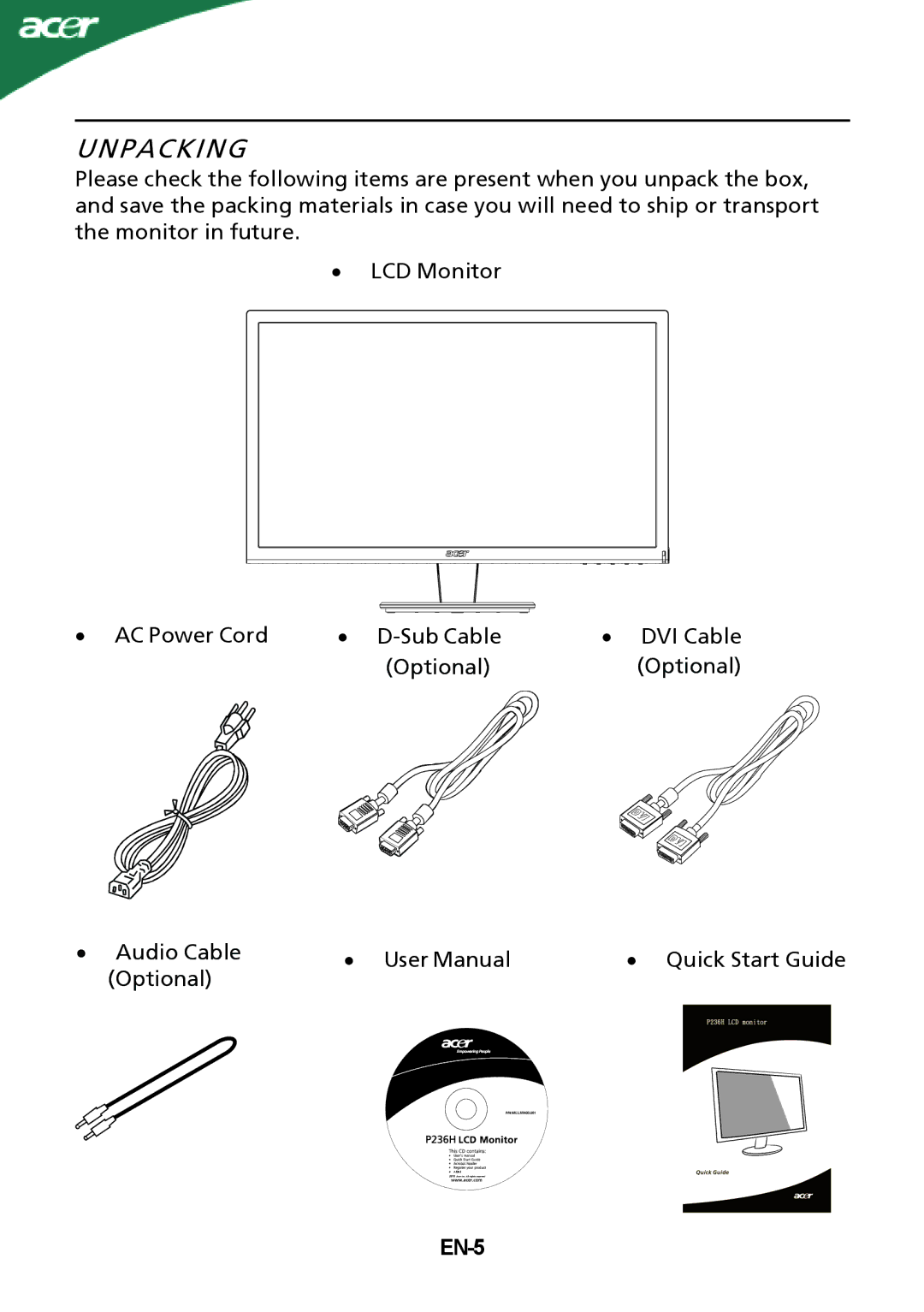 Acer P236H manual Unpacking, EN-5 