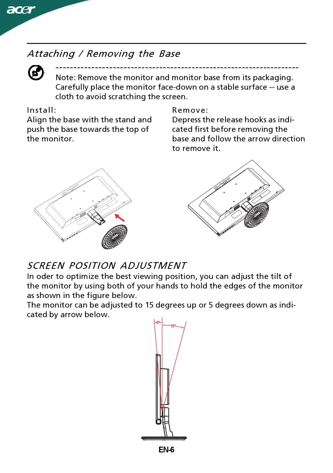 Acer P236H manual Attaching / Removing the Base, Screen Position Adjustment, EN-6 