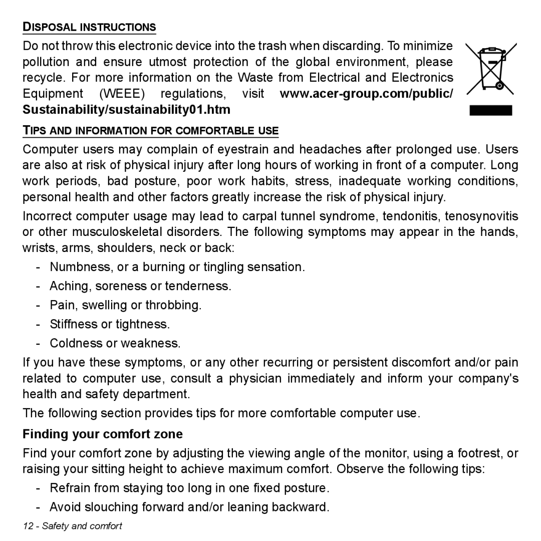 Acer P31314602 manual Sustainability/sustainability01.htm, Finding your comfort zone 