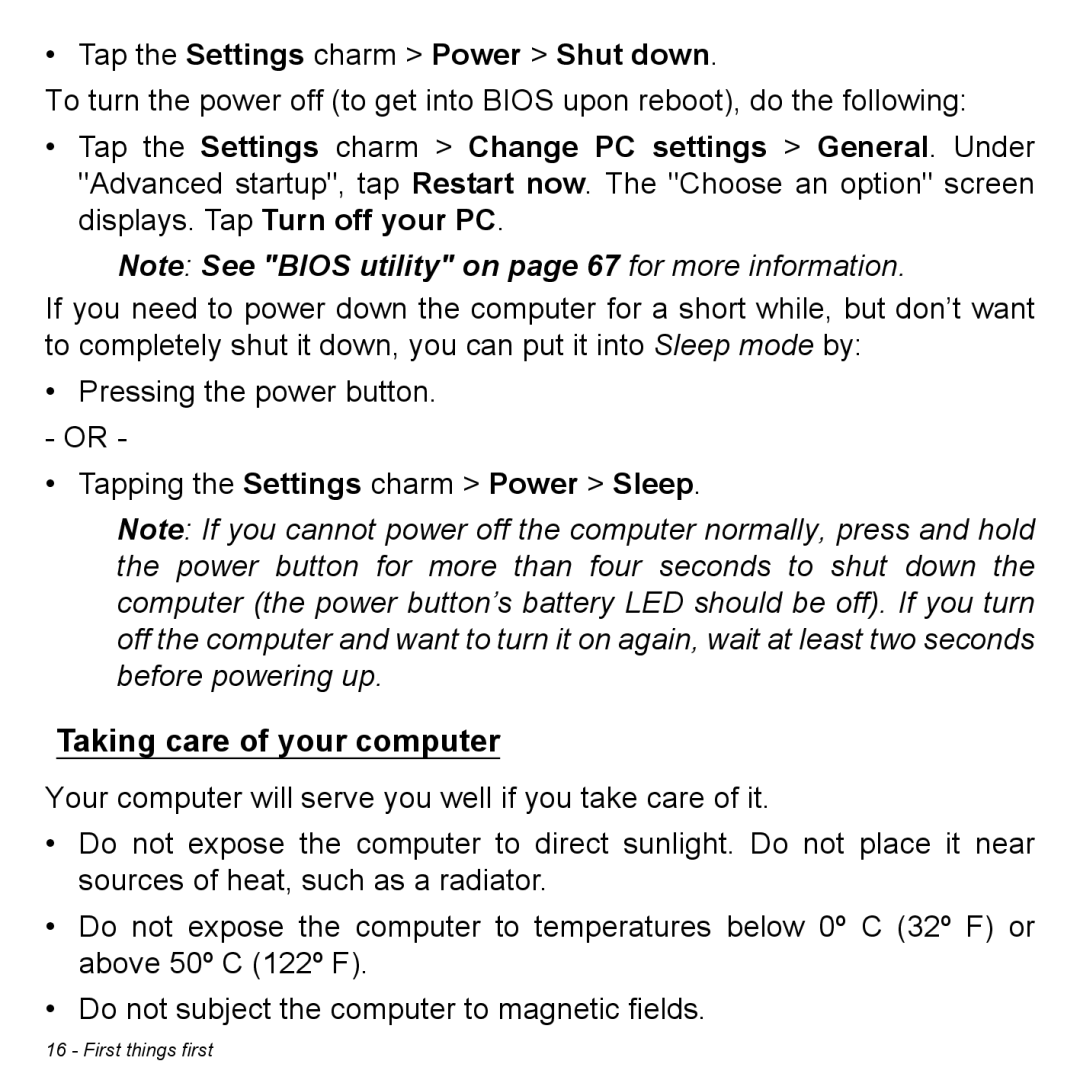 Acer P31314602 manual Tap the Settings charm Power Shut down, Taking care of your computer 