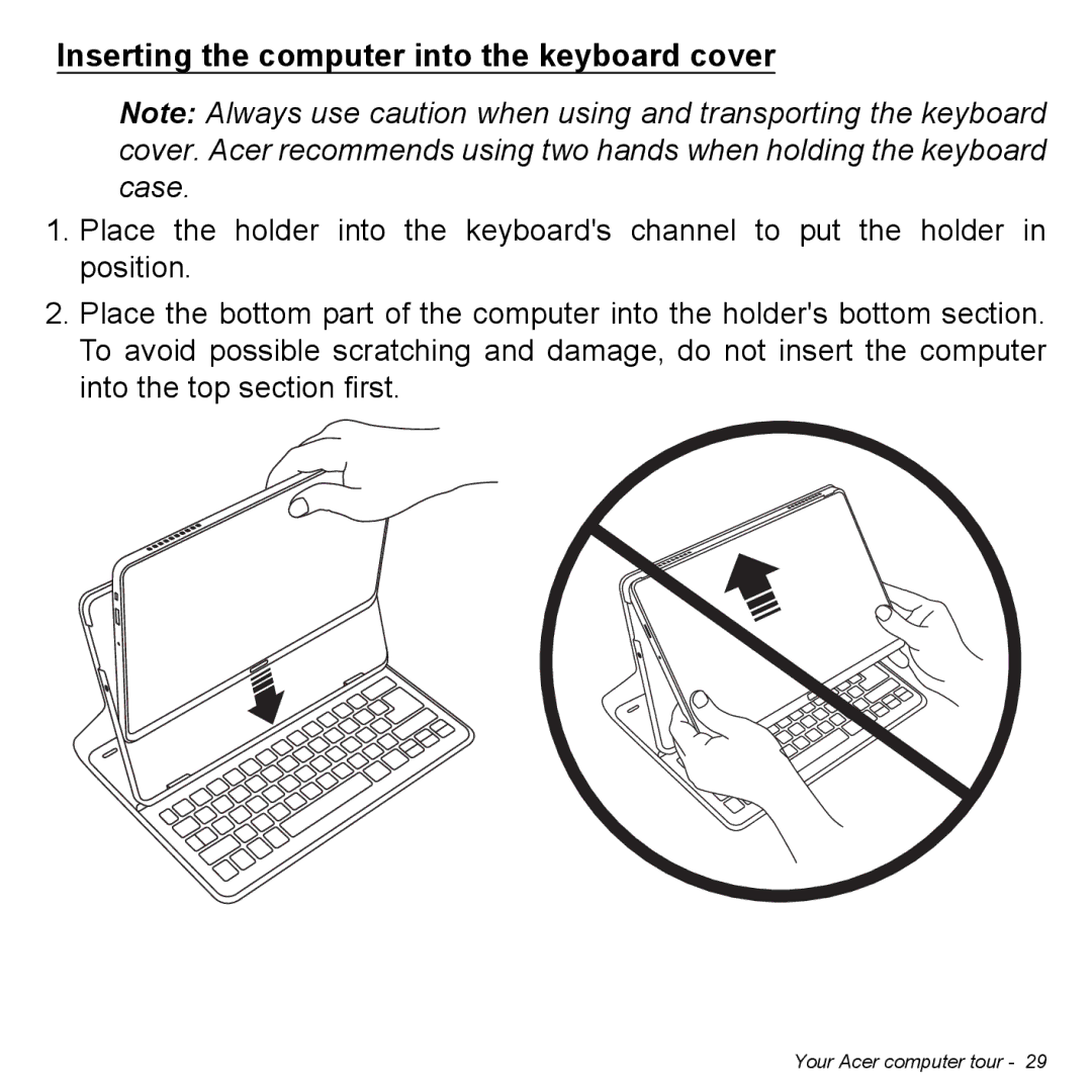 Acer P31314602 manual Inserting the computer into the keyboard cover 