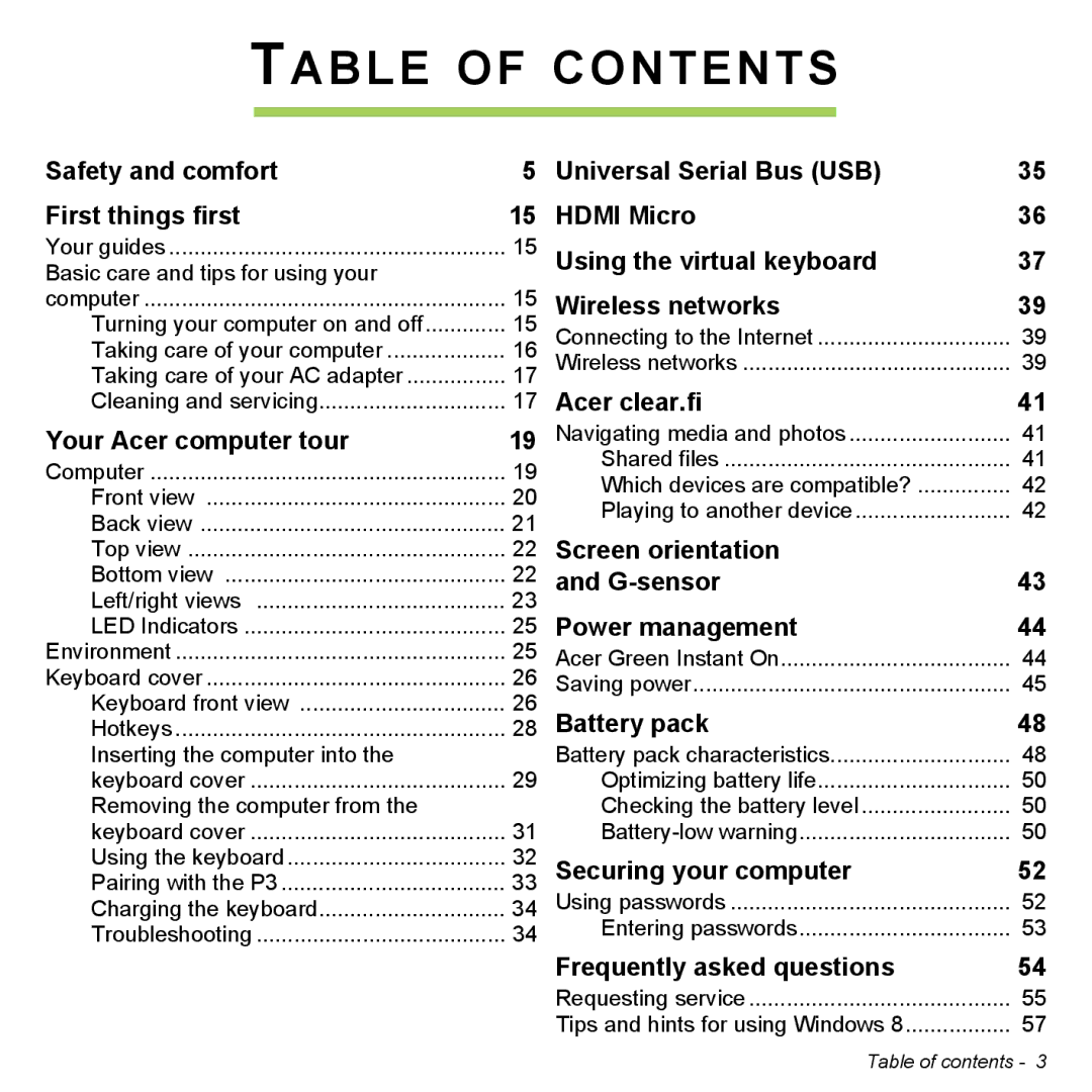 Acer P31314602 manual Table of Contents 