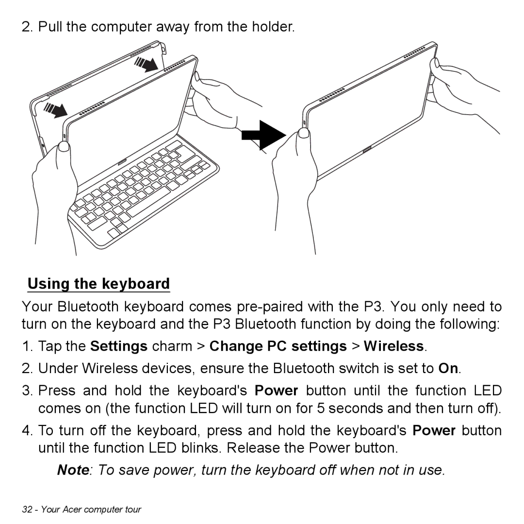 Acer P31314602 manual Using the keyboard, Tap the Settings charm Change PC settings Wireless 