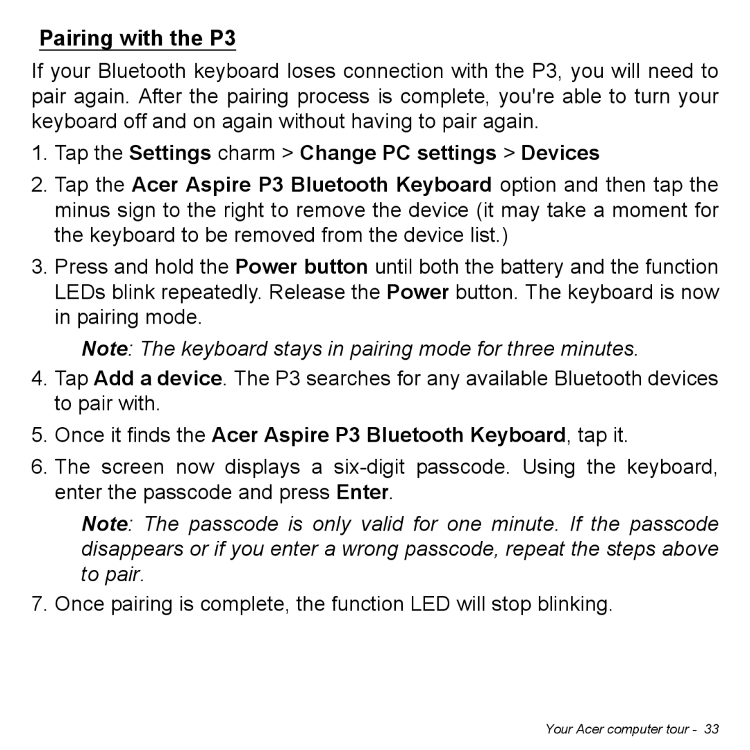 Acer P31314602 manual Pairing with the P3, Once it finds the Acer Aspire P3 Bluetooth Keyboard, tap it 