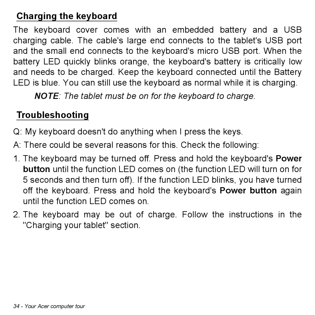 Acer P31314602 manual Charging the keyboard, Troubleshooting 