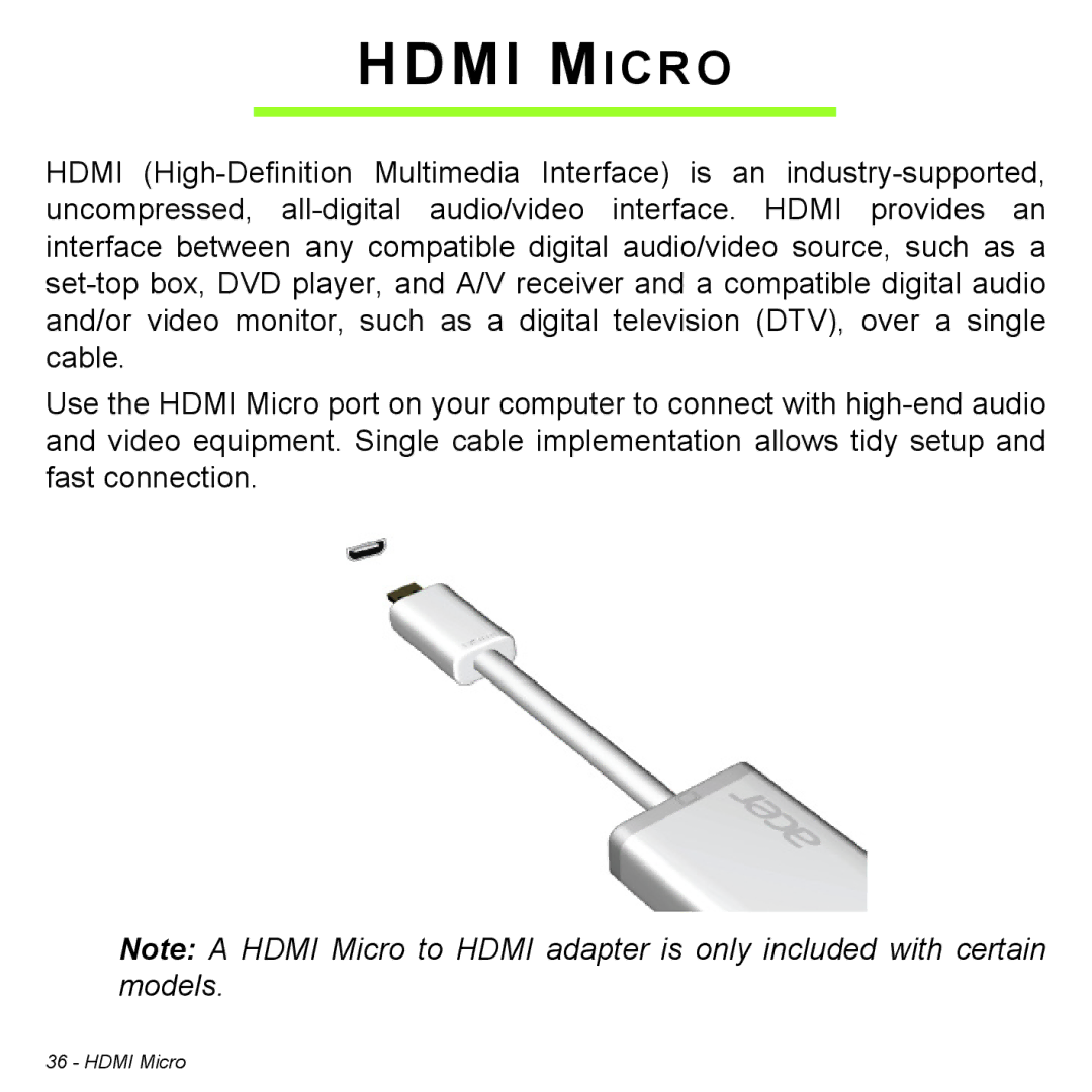 Acer P31314602 manual Hdmi Micro 