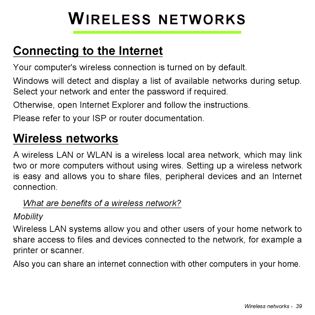 Acer P31314602 manual Wireless Networks, Connecting to the Internet, Wireless networks 