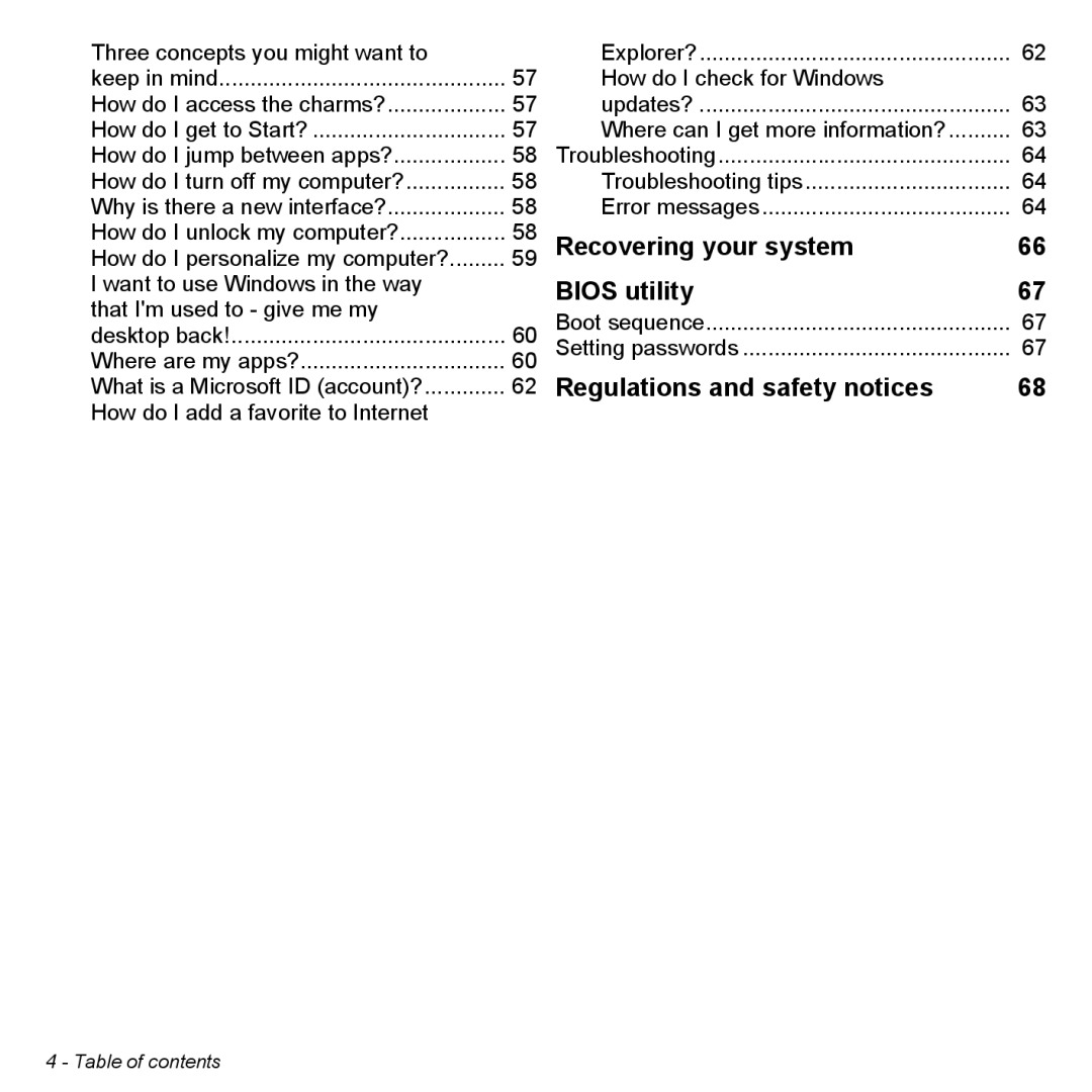 Acer P31314602 manual Recovering your system Bios utility, Regulations and safety notices 