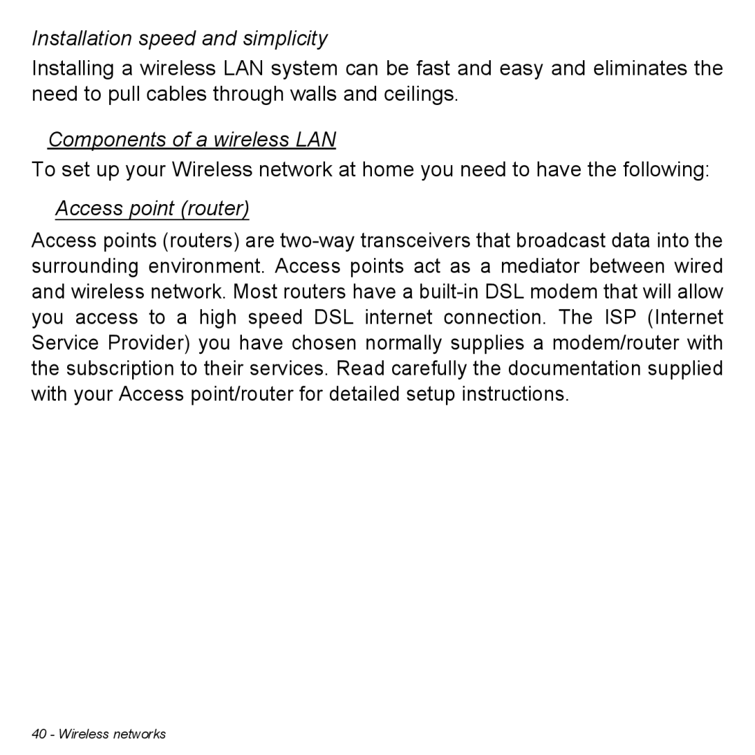 Acer P31314602 manual Installation speed and simplicity, Components of a wireless LAN, Access point router 