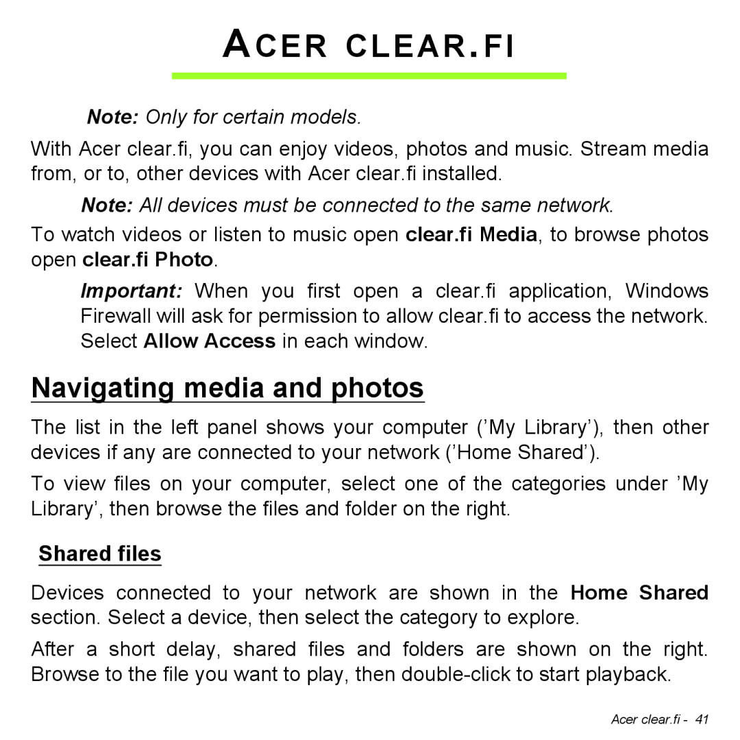 Acer P31314602 manual Acer CLEAR.FI, Navigating media and photos, Shared files 