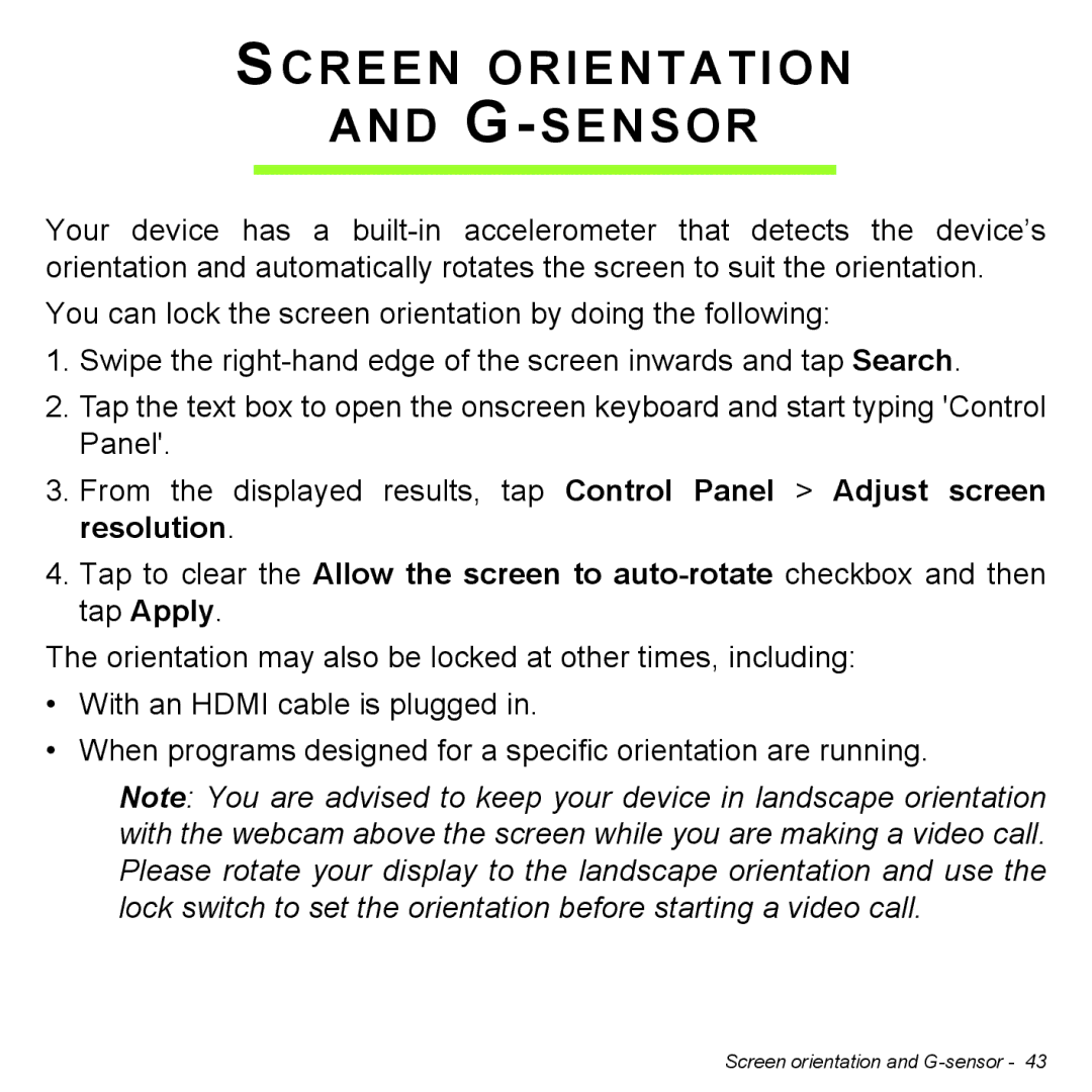 Acer P31314602 manual Screen Orientation G-SENSOR 