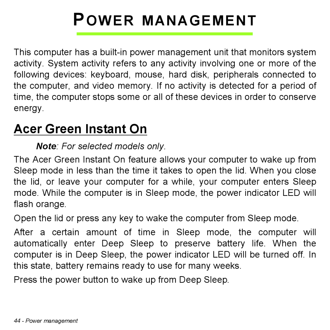 Acer P31314602 manual Power Management, Acer Green Instant On 