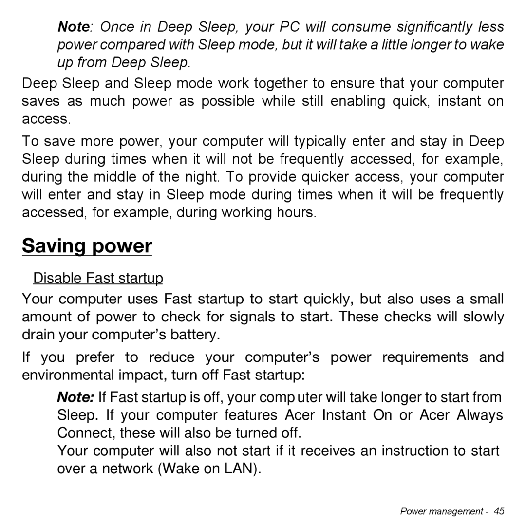 Acer P31314602 manual Saving power, Disable Fast startup 