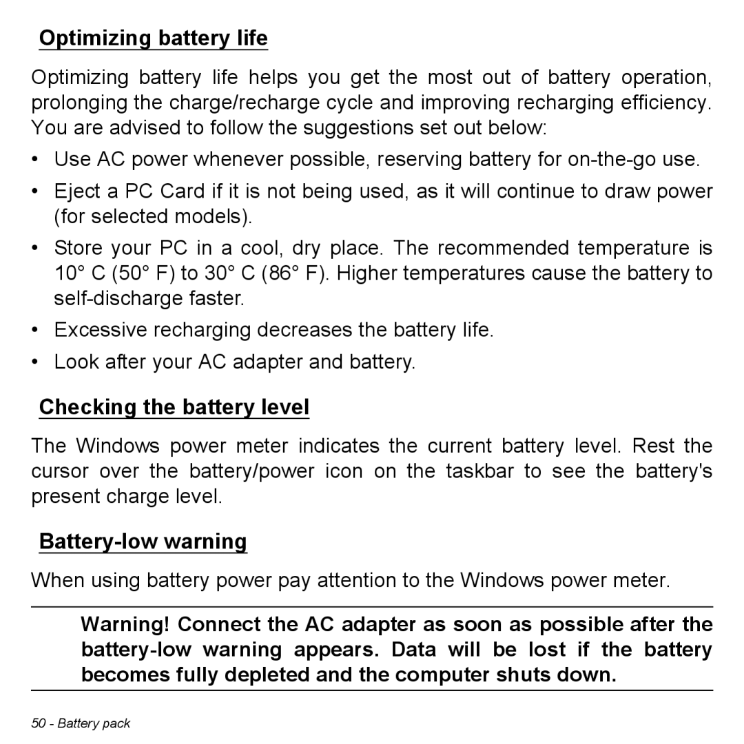 Acer P31314602 manual Optimizing battery life, Checking the battery level, Battery-low warning 