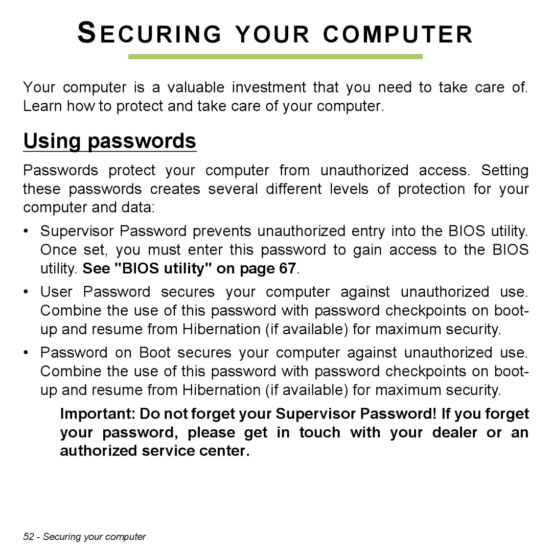 Acer P31314602 manual Securing Your Computer, Using passwords 