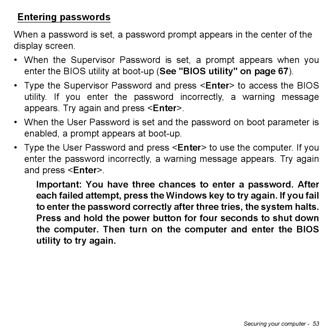 Acer P31314602 manual Entering passwords 