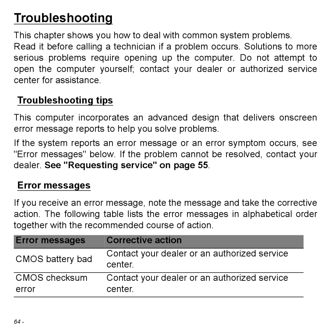 Acer P31314602 manual Troubleshooting tips, Error messages, Corrective action 