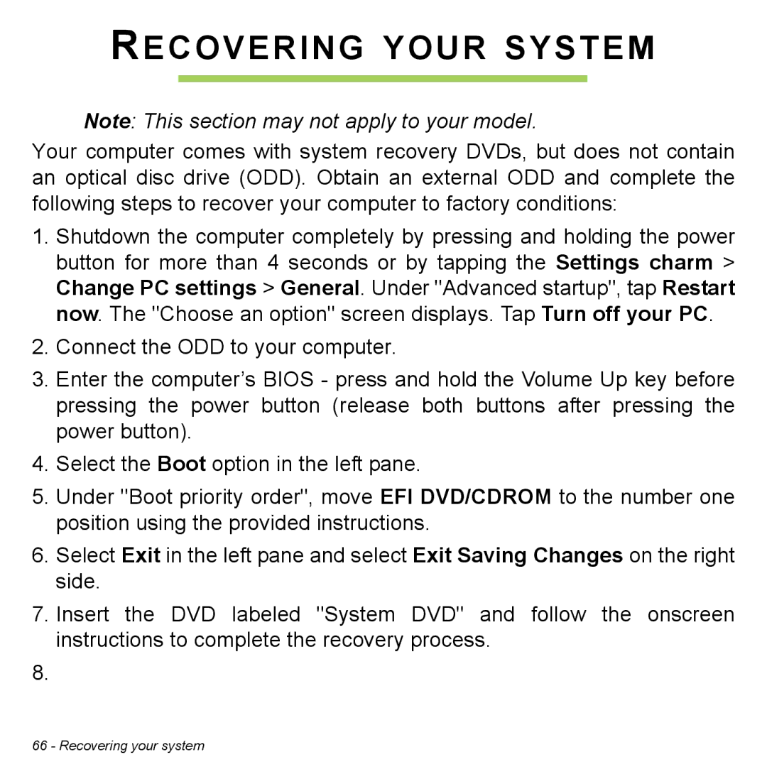 Acer P31314602 manual Recovering Your System 