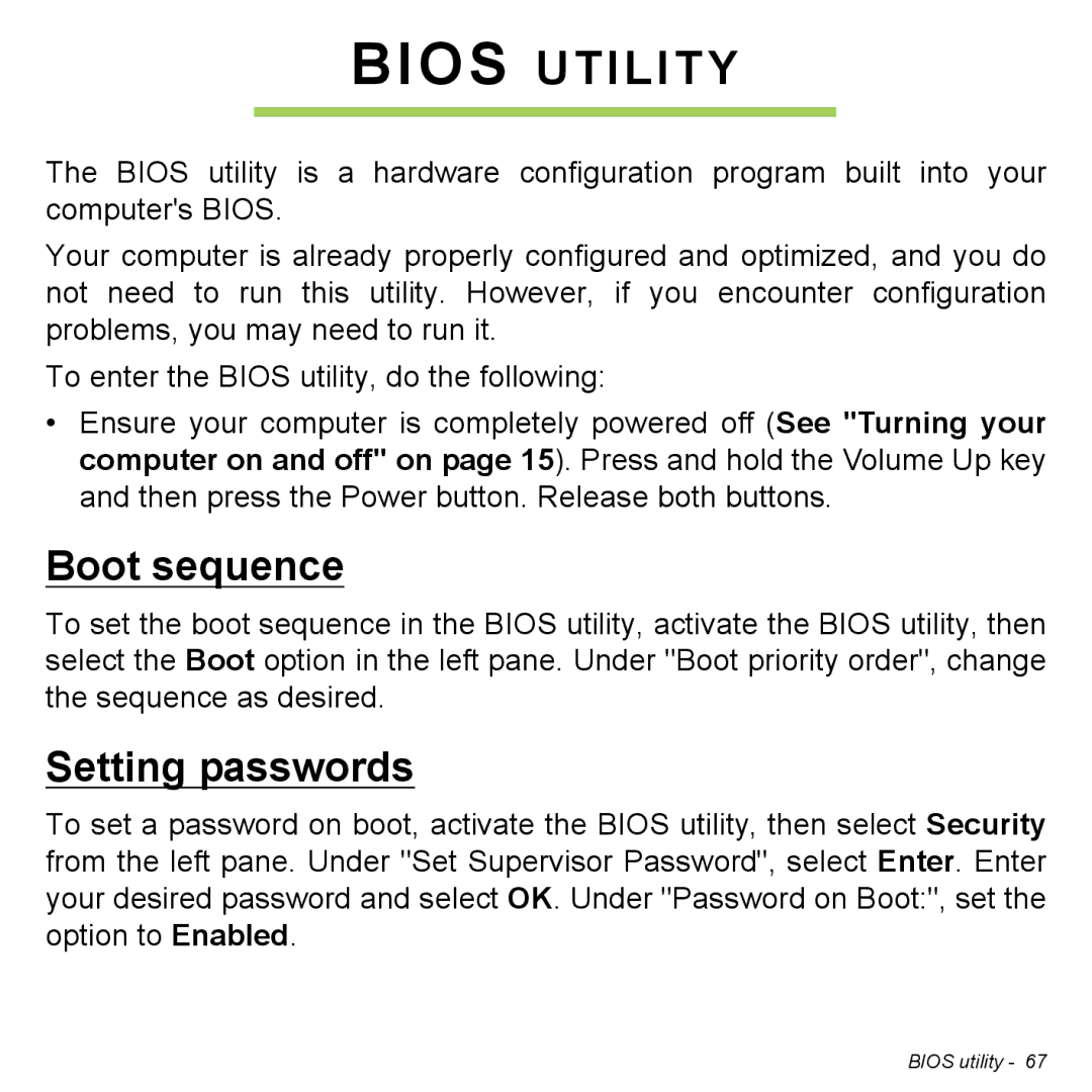 Acer P31314602 manual Bios Utility, Boot sequence, Setting passwords 