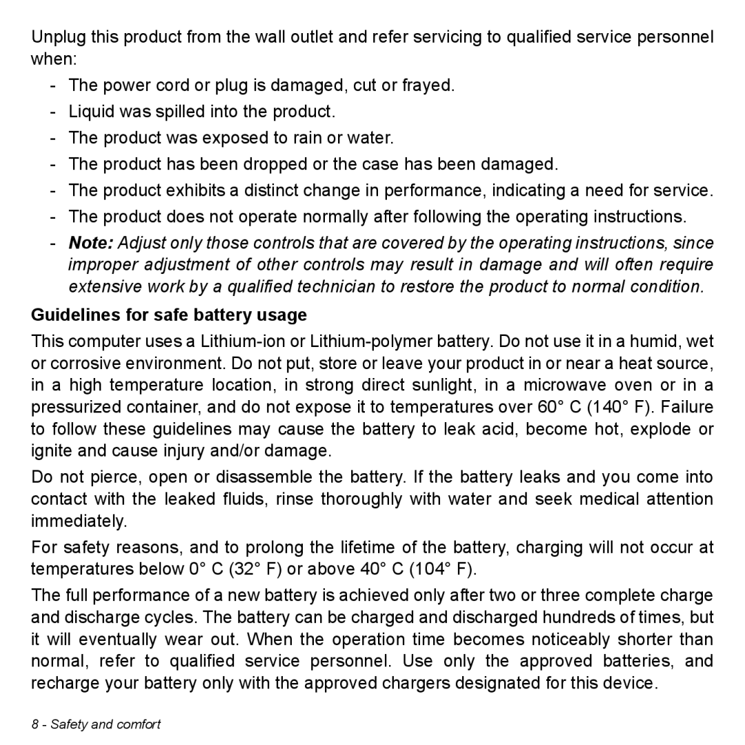 Acer P31314602 manual Guidelines for safe battery usage 