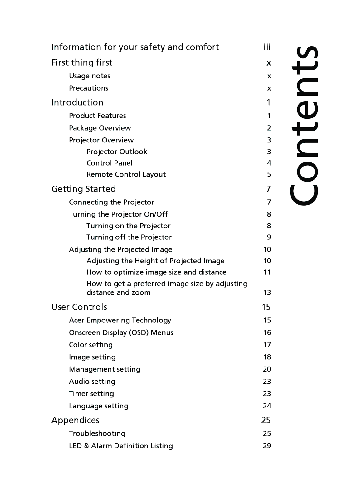 Acer P3250 Series, P3150 Series manual Contents 