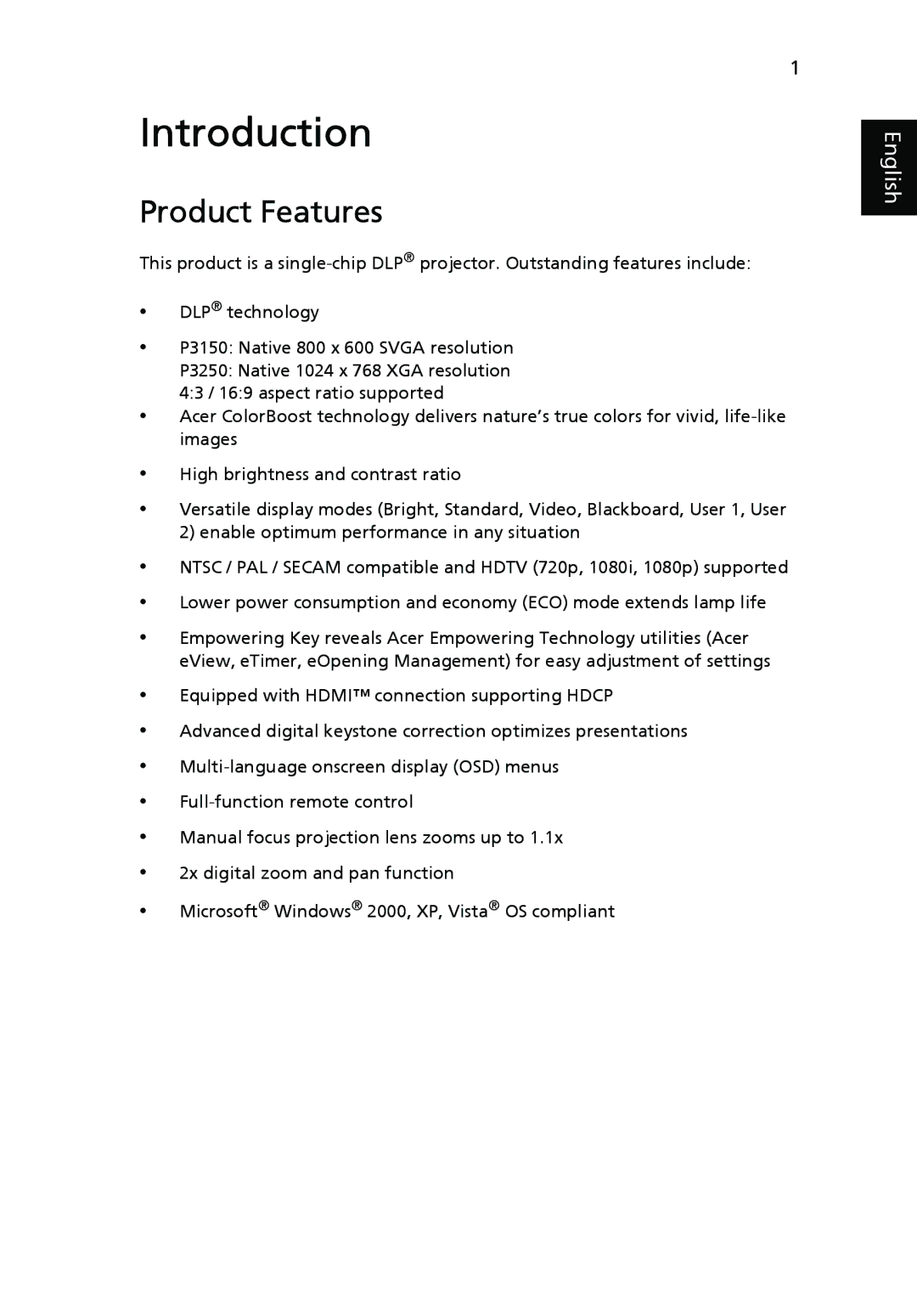 Acer P3250 Series, P3150 Series manual Introduction, Product Features 