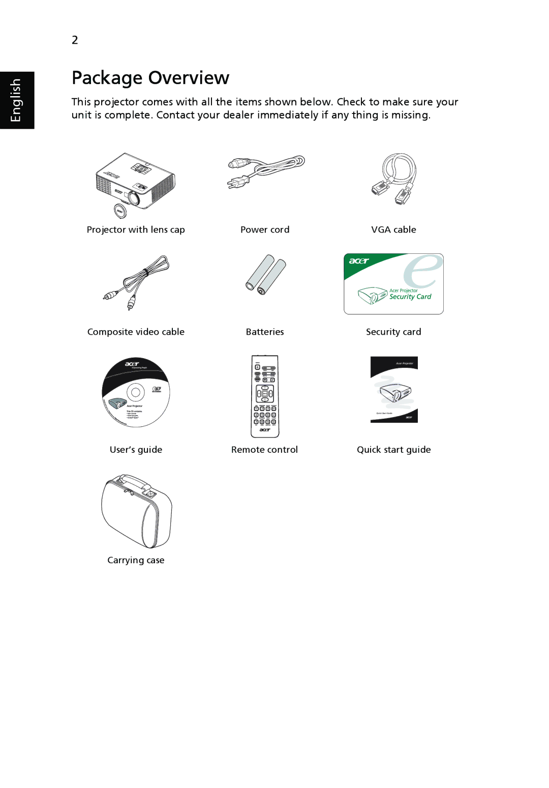 Acer P3150 Series, P3250 Series manual Package Overview 