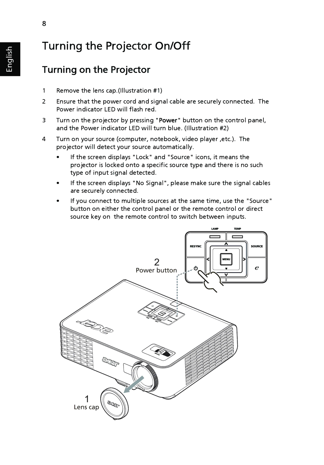 Acer P3150 Series, P3250 Series manual Turning the Projector On/Off, Turning on the Projector 