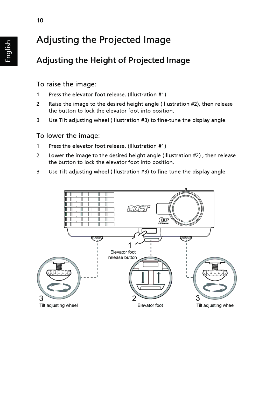 Acer P3150 Series, P3250 Series Adjusting the Projected Image, Adjusting the Height of Projected Image, To raise the image 