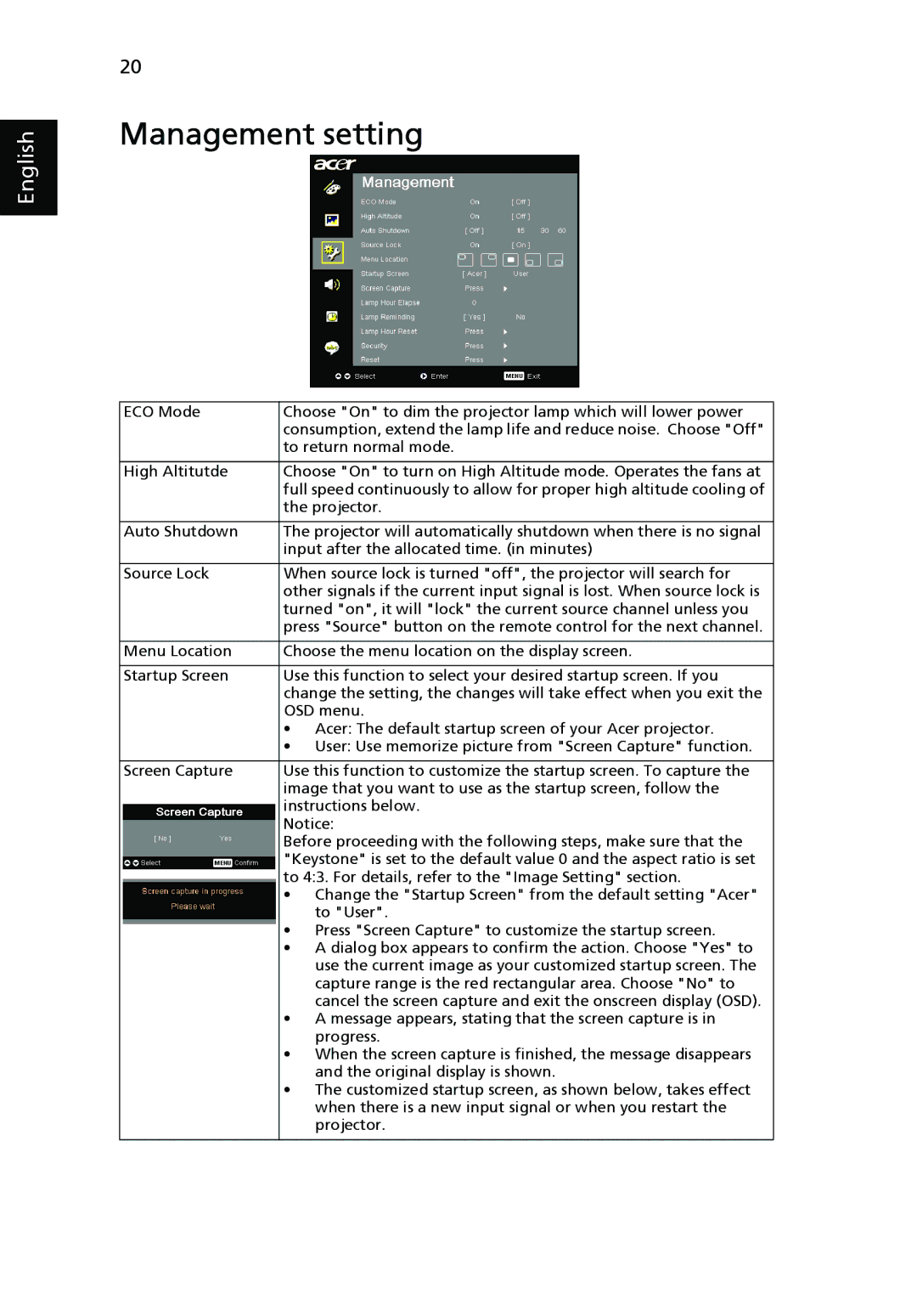 Acer P3150 Series, P3250 Series manual Management setting 