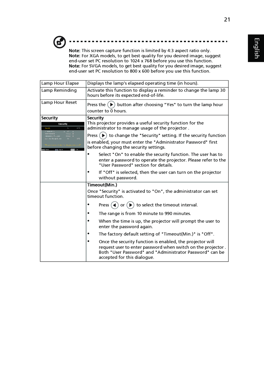 Acer P3250 Series, P3150 Series manual Security 