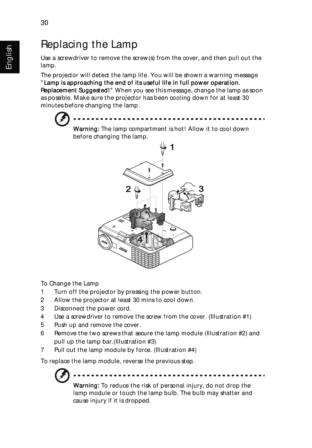 Acer P3150 Series, P3250 Series manual Replacing the Lamp 