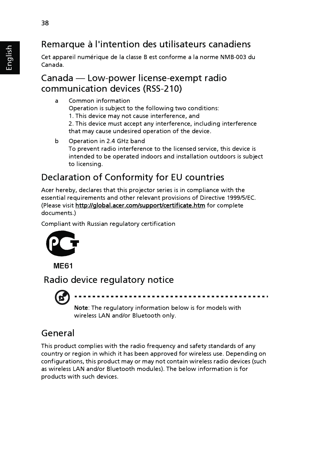 Acer P3150 Series manual Remarque à lintention des utilisateurs canadiens, Declaration of Conformity for EU countries 