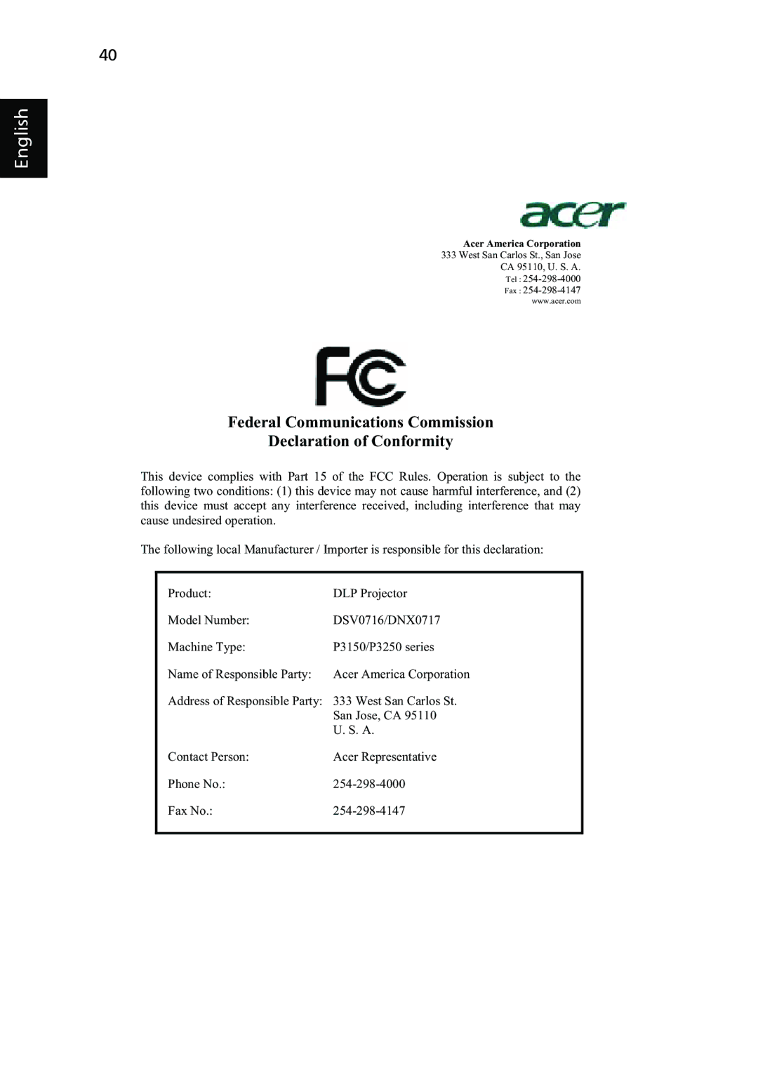 Acer P3150 Series, P3250 Series manual Federal Communications Commission Declaration of Conformity 