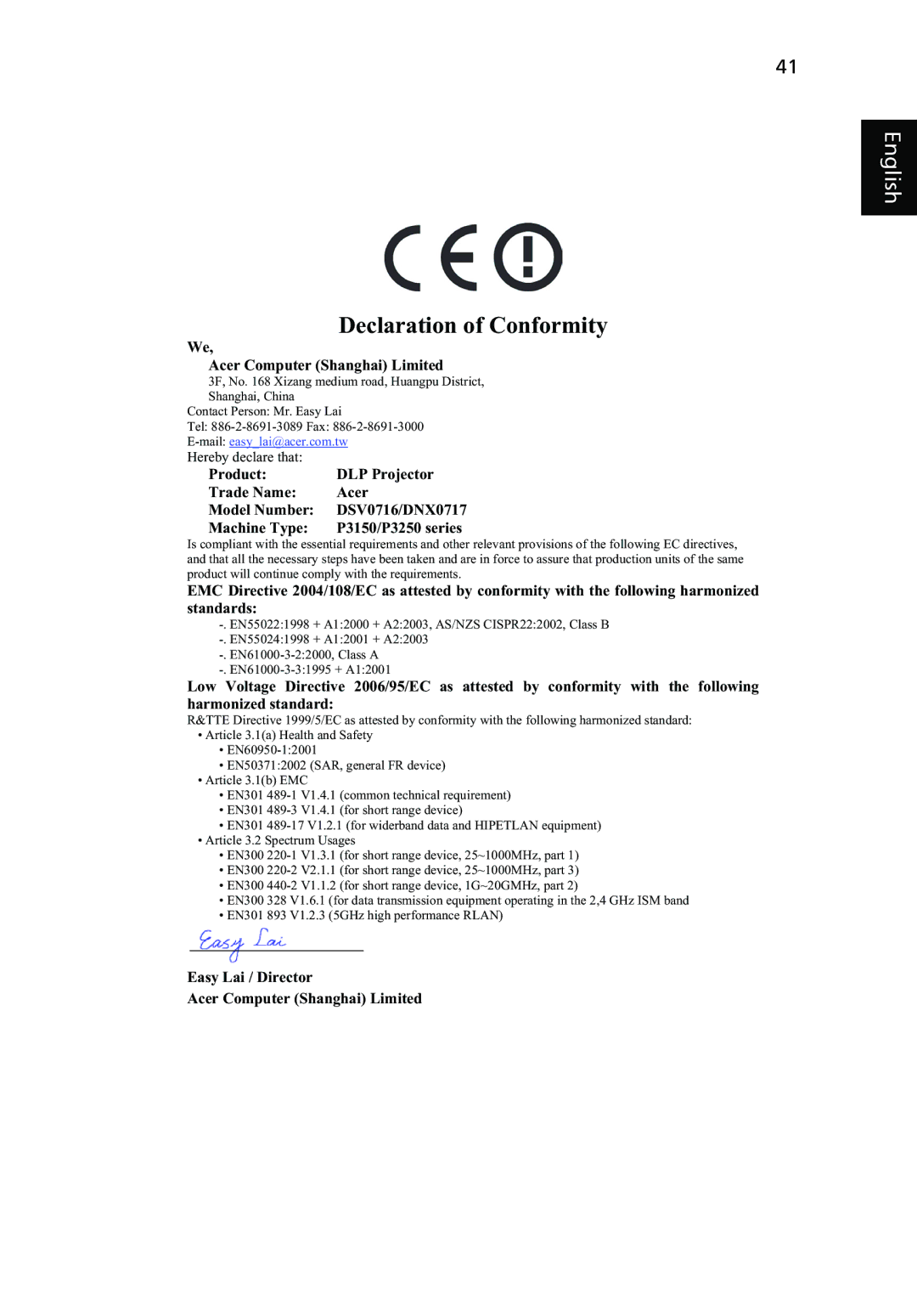 Acer P3250 Series, P3150 Series manual Declaration of Conformity 