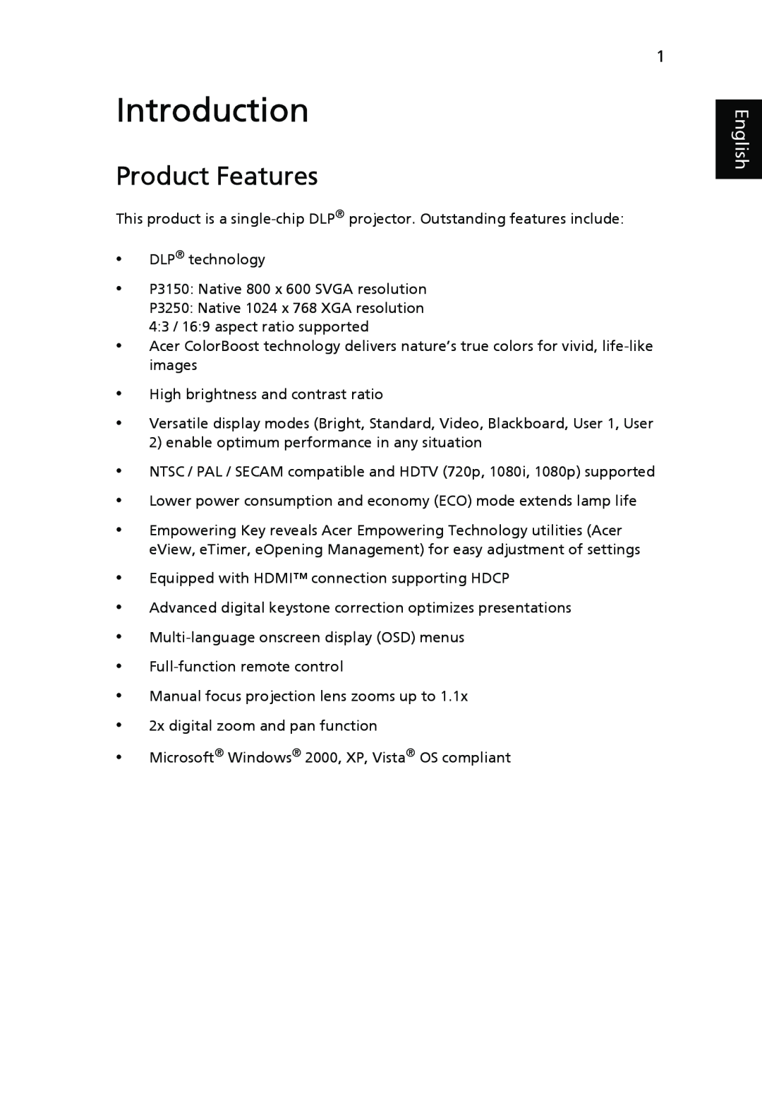 Acer P3250 Series, P3150 Series manual Introduction, Product Features, English 