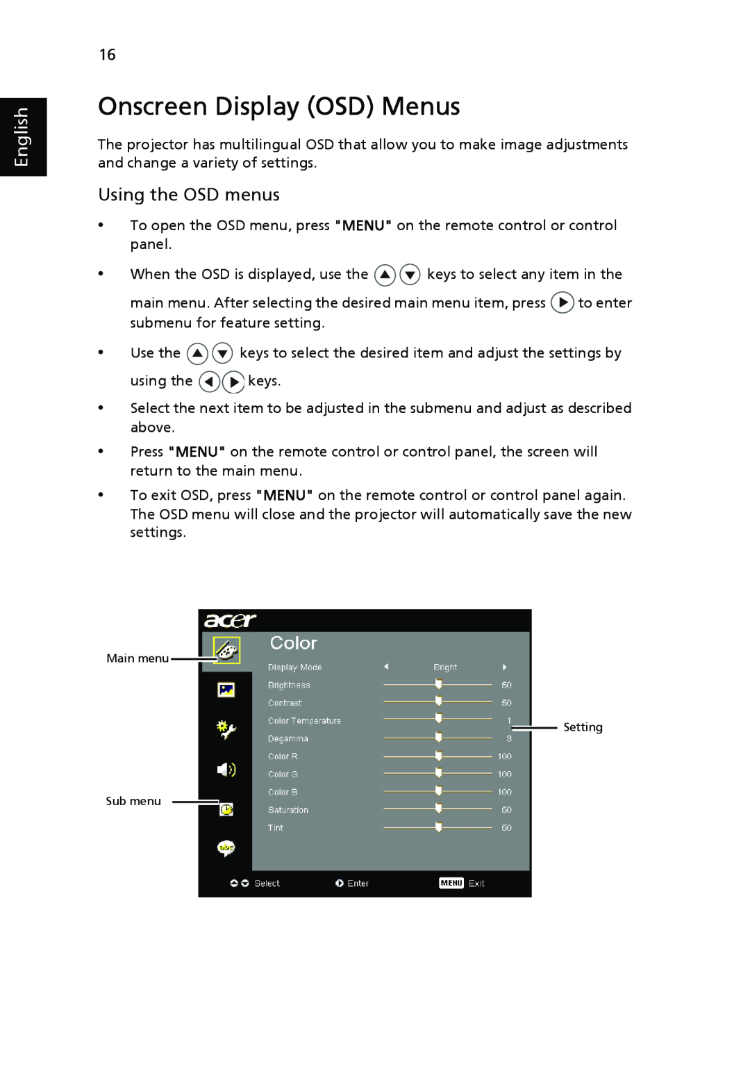 Acer P3150 Series, P3250 Series manual Onscreen Display OSD Menus, Using the OSD menus, English 